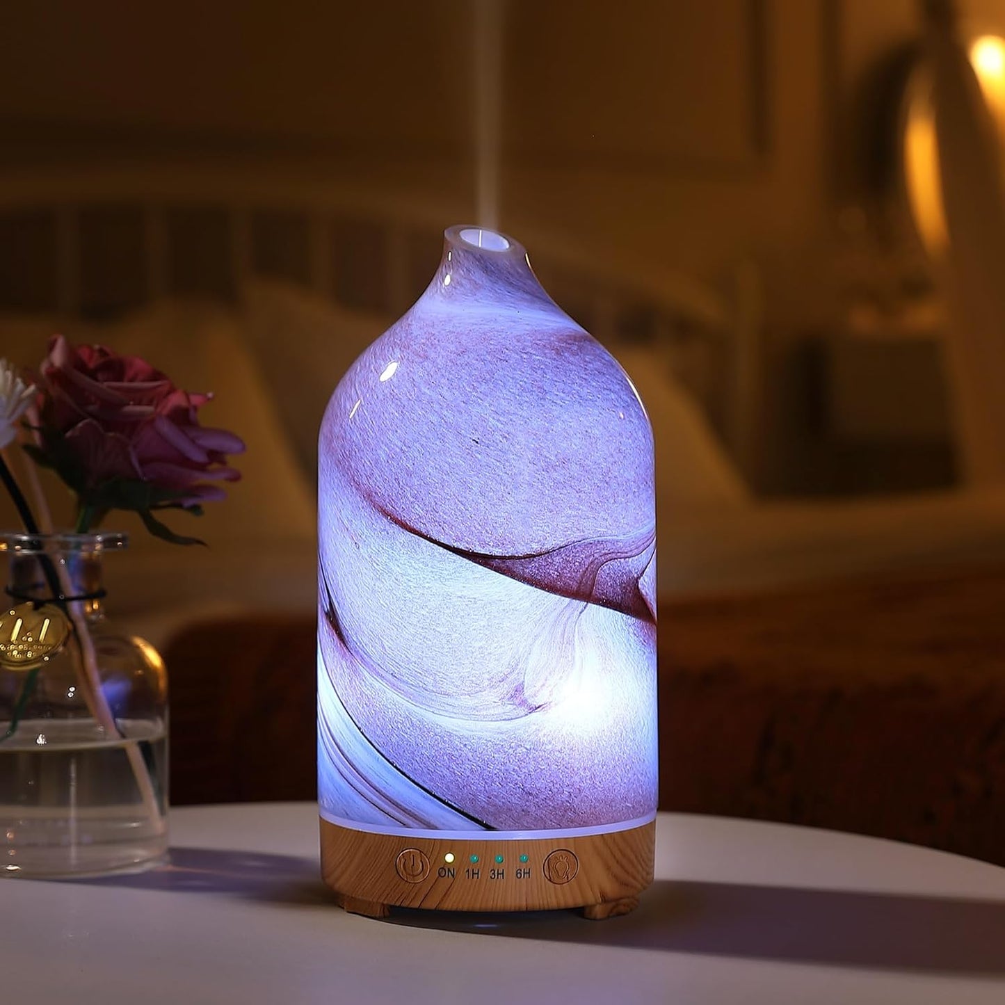Hand Blown Glass Essential Oil Diffuser - Ultrasonic Aromatherapy with Auto Shut-Off, Timer, and 7-Color Night Light