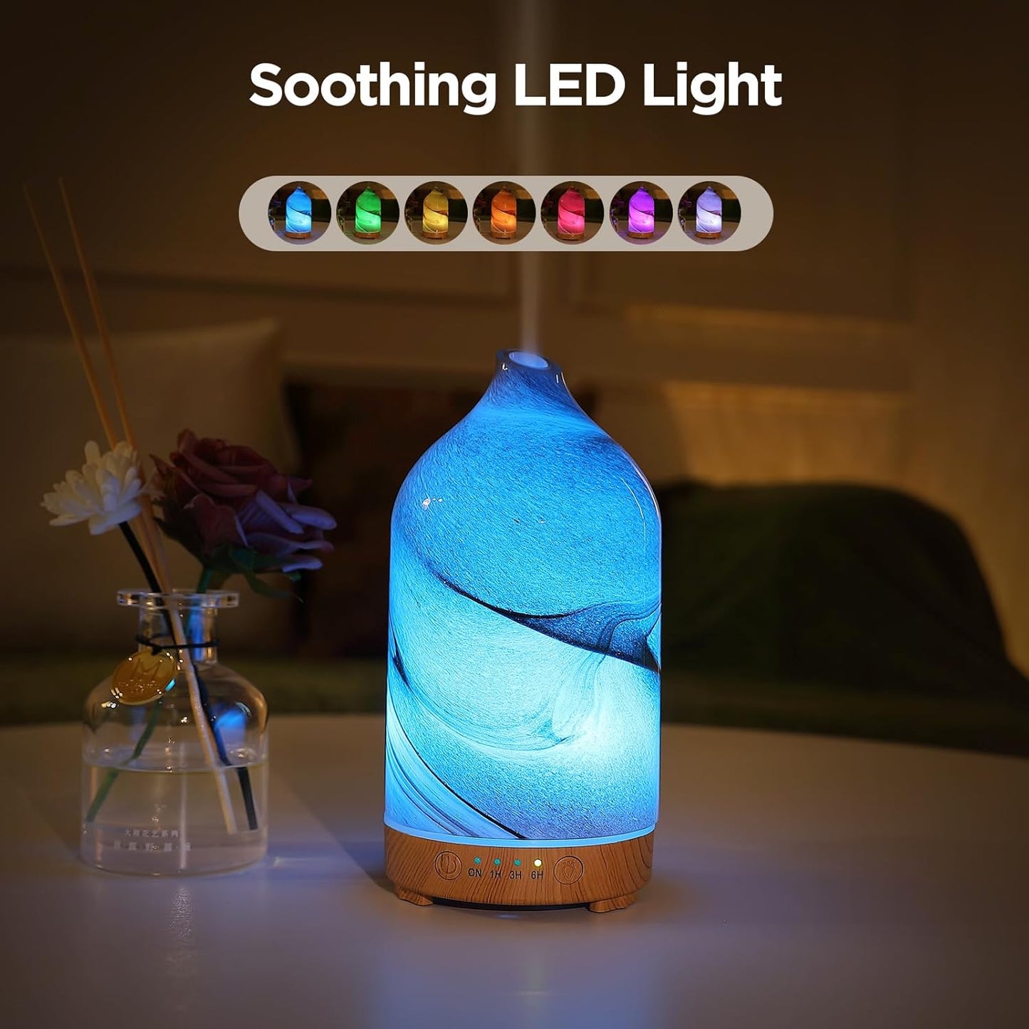 Hand Blown Glass Essential Oil Diffuser - Ultrasonic Aromatherapy with Auto Shut-Off, Timer, and 7-Color Night Light