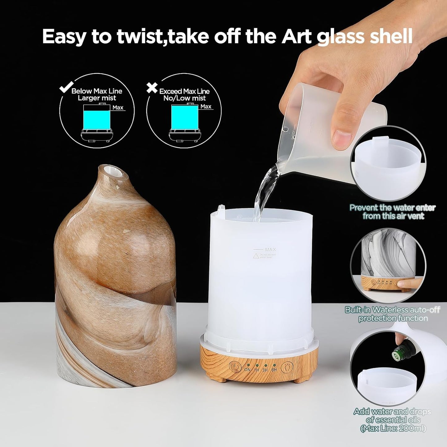 Hand Blown Glass Essential Oil Diffuser - Ultrasonic Aromatherapy with Auto Shut-Off, Timer, and 7-Color Night Light