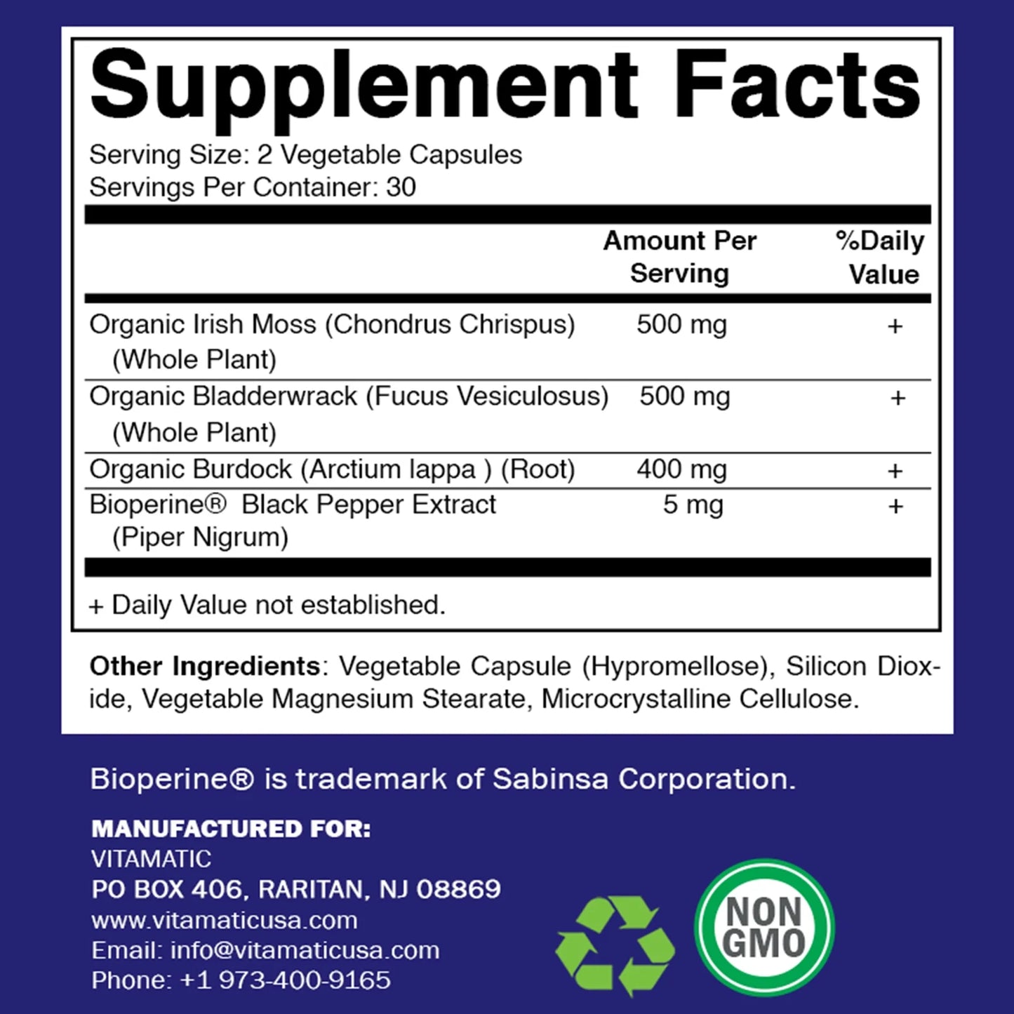 Organic Irish Sea Moss 120 Vegetarian Capsules - Made with Organic Bladderwrack & Organic Burdock Root - Seamoss Supplement for Thyroid, Energy, Immune Support
