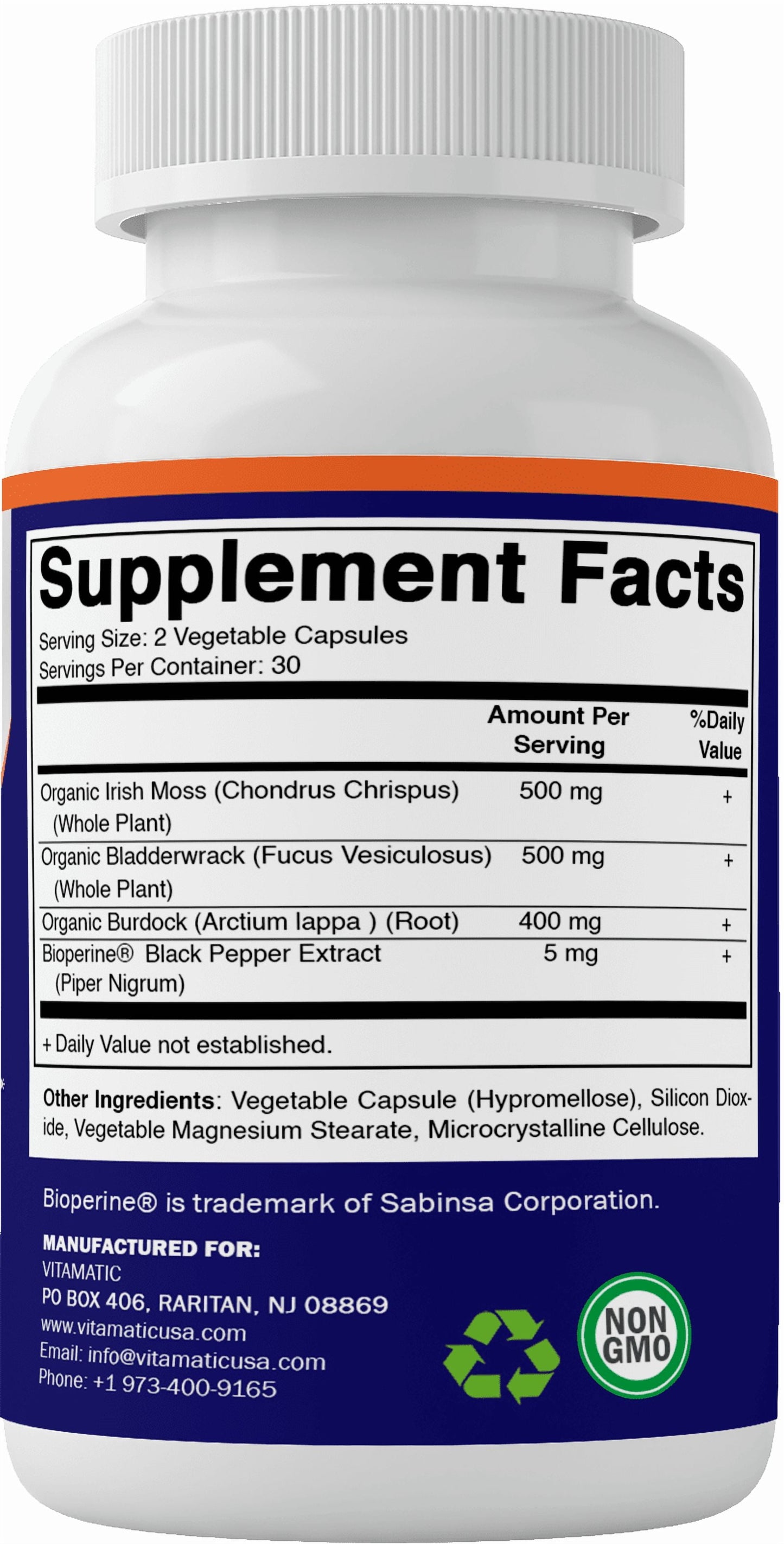 Organic Irish Sea Moss 120 Vegetarian Capsules - Made with Organic Bladderwrack & Organic Burdock Root - Seamoss Supplement for Thyroid, Energy, Immune Support