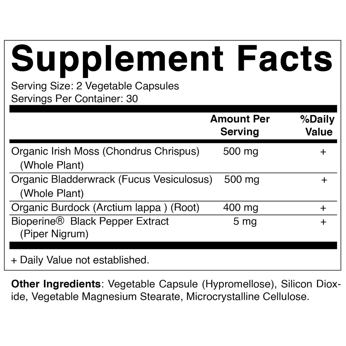 Organic Irish Sea Moss 120 Vegetarian Capsules - Made with Organic Bladderwrack & Organic Burdock Root - Seamoss Supplement for Thyroid, Energy, Immune Support