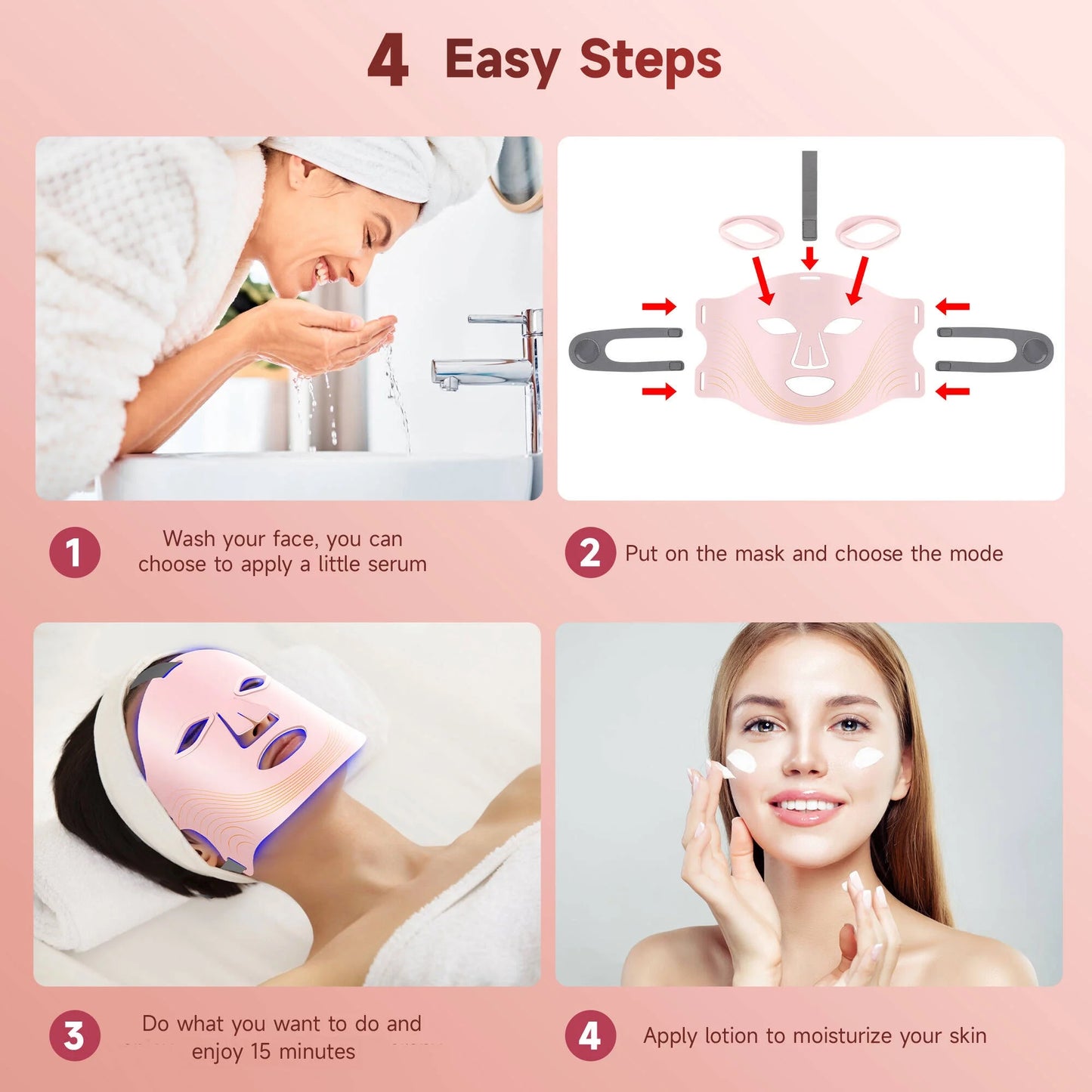 Red Light Therapy for Face, 4 Modes Led Face Mask Light Therapy with Remote, Portable Light Therapy Mask for Skin Care at Home, Travel (Black)