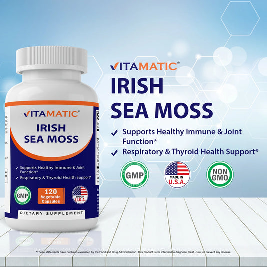 Organic Irish Sea Moss 120 Vegetarian Capsules - Made with Organic Bladderwrack & Organic Burdock Root - Seamoss Supplement for Thyroid, Energy, Immune Support