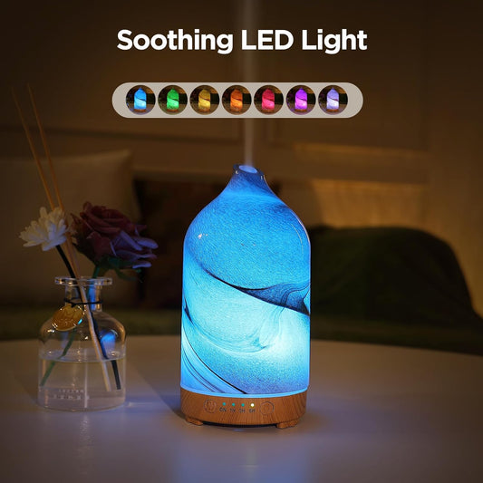 Hand Blown Glass Essential Oil Diffuser - Ultrasonic Aromatherapy with Auto Shut-Off, Timer, and 7-Color Night Light