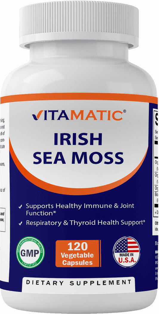 Organic Irish Sea Moss 120 Vegetarian Capsules - Made with Organic Bladderwrack & Organic Burdock Root - Seamoss Supplement for Thyroid, Energy, Immune Support